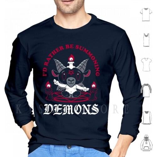 I'd Rather Be Summoning Demons-Funny Baphomet Occult Goth Hoodies Long Sleeve Goat Retro Cartoons