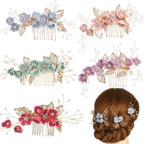 Fashion Pink Blue Flower Hairpins Hair Combs Prom Bridal Wedding Headwear Gold Leaves Hair Jewelry Hair Pins Hair Accessories