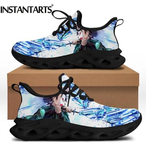 INSTANTARTS Demon Slayer Anime Pattern Women Flat Shoes Comfort Lace up Sneakers Breathable Mesh Platform Shoes Zapatos Mujer