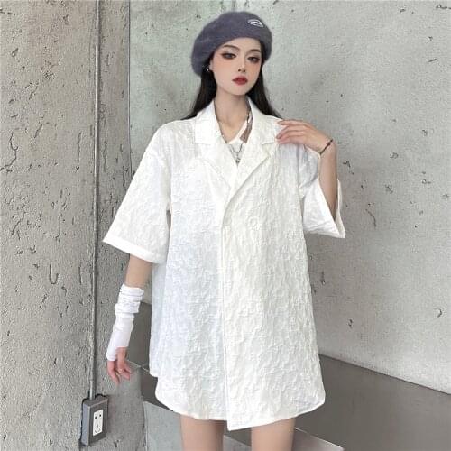 2021 New Summer And Autumn Thin Section Solid Color Double-breasted Jacket Temperament Womens Suit Jacquard Loose V-neck Shirt