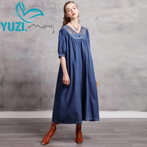 Woman Dress 2020 Yuzi.may Boho New Denim Women Dresses V-Neck Vintage Embroidery Half Sleeve Loose Vestidos A82256 Vestido