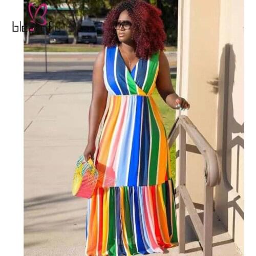 Sexy V-neck Vintage Colorful Striped Printed Dress Women Summer Beach Holiday Long Maxi Plus Size Boho Dresses Sundresses 5XL
