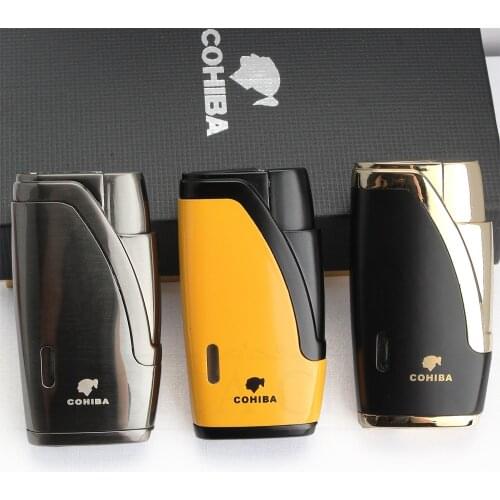 COHIBA Metal Cigar Lighter 2 Jet Torch Lighter Butane Gas Lighters Windproof Cigarette Lighters W/ Cigar Cutter