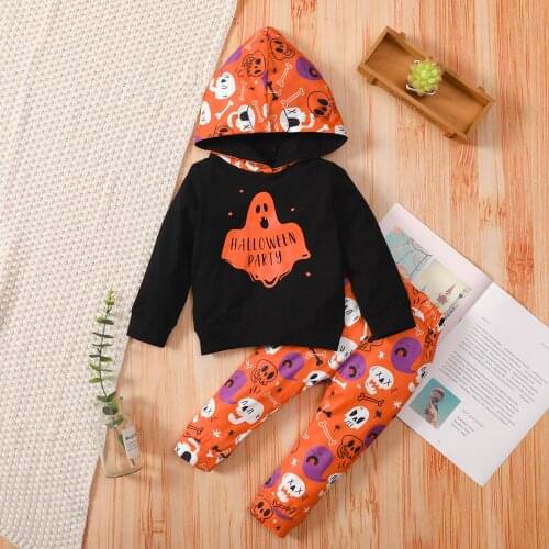 2Pcs Kids Halloween Tracksuit, Ghost Letters Hooded Long Sleeve Sweatshirt + Skull Pants for Boys, Girls 6 Months To 4 Years