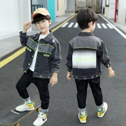 Boy Jeans Jacket Clothes For Spring Autumn Denim Coat Childrens Outerwear 2021 New Fashion Turn Collar Patchwork Letters Tops