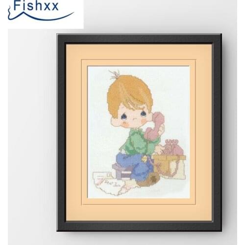 Fishxx Cross Stitch 14CT Kit European Style ChildrenS Bedroom Paintings H164 Call The Boy Ivory White Cloth