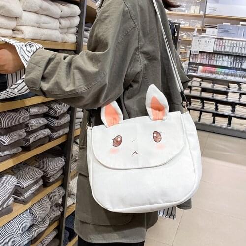 Girls Cute Rabbit Ears Canvas Shoulder Crossbody Bag Women Harajuku Casual Shopping Travel Handbag Kawaii Small Phone Coin Purse