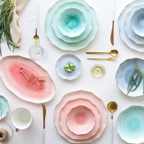 Ceramic Plate Gradual Change Dish Creative Tray Bandhnu Flat Dinner Breakfast Plate Food Fruit Round Plate Home Decoration 1pcs