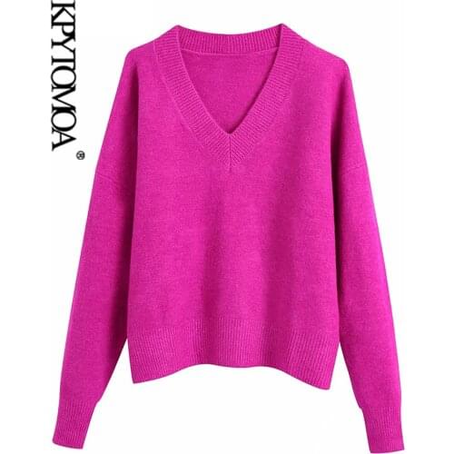 KPYTOMOA Women 2021 Fashion Soft Touch Loose Knitted Sweater Vintage V Neck Long Sleeve Female Pullovers Chic Tops
