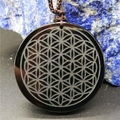 Fashion Natural Fashion Obsidian Carved Flower Of Life With Rope Chain Necklace For Healing