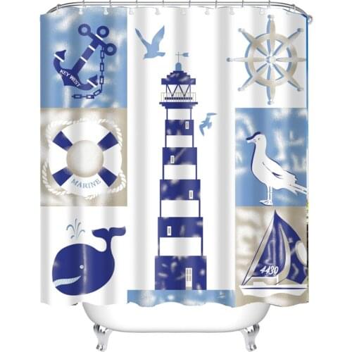 Nautical Sea Beach Seashell Starfish Lighthouse Ocean Marine Sailboat shell starfish Bathroom Shower Curtain