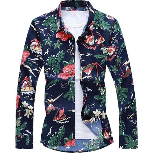 14 color 2019 New Men Brand autumn flower printed Long Sleeve shirt male Holiday Party casual Dress Slim Shirts Plus Size 7XL