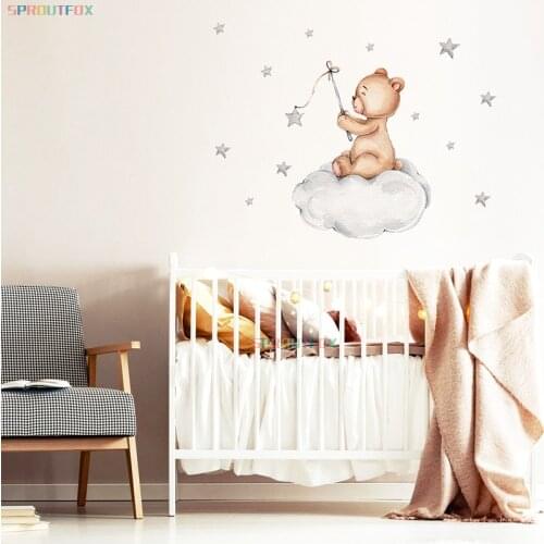 Brown Bear with Stars Cloud Wall Stickers for Children Rooms Cute Animals Decorative for Baby Room Home Stickers