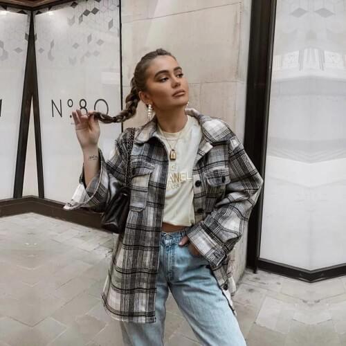 2020 Vintage women long sleeve woolen coats fashion ladies thick plaid coat female streetwear elegant girls oversize jacket chic