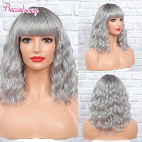 Beauebony Synthetic Hair Ash Silver Gray Wig With Bangs Short BOB Wavy Womens Wig Ombre Shoulder Length Cosplay Party Lolita