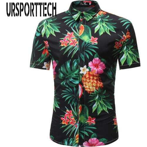 URSPORTTECH Palm Tree Print Beach Shirts Men Hawaiian Shirt Men Casual Short Sleeve Hawaii Shirt Chemise Homme Asian Size 3XL