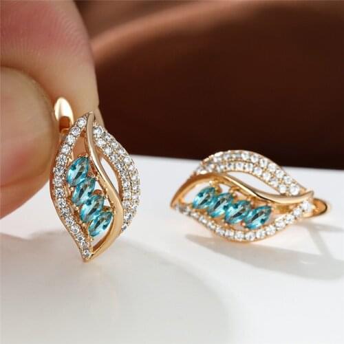 Vintage Yellow Gold Wedding Earrings Multicolor Crystal Hoop Earrings Aqua Blue Zircon Leaf Earrings For Women Geometric Jewelry