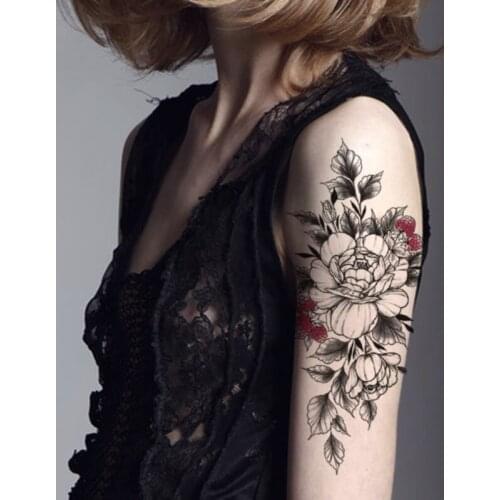 Colored Fruit Waterproof Temporary Tattoo Sticker Black Peony Rose Flowers Design Fake Tattoos Flash Tatoos Arm Body Art Women