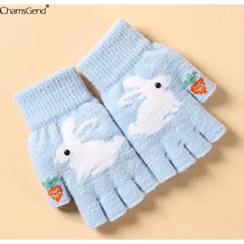 Women Girls Lovely Winter Warm Fingerless Gloves Cute Rabbit Print Half Finger Gloves Keep Warm Windproof Show Finger Gloves