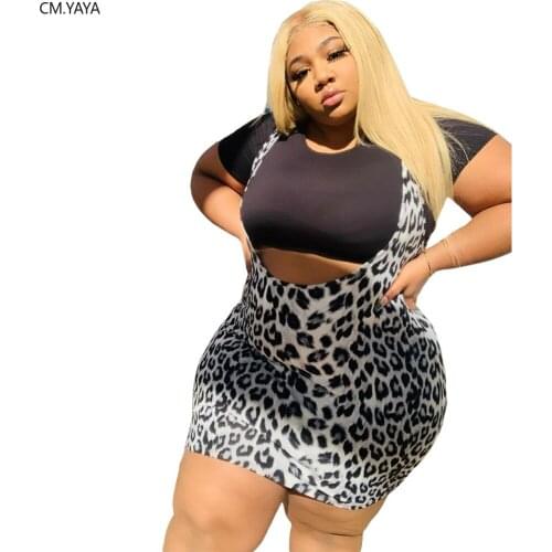 PLus Size L-4XL Women Summer Two Piece Set Leopard Print 2020 O-Neck Lady Top Bodycon Skirt Suit Tracksuit Sexy Dresses GL19059
