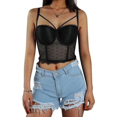 Women Sexy Lace See-through Close-fitting Camisole Lace Hem Design Black Solid Color V-neck Sleeveless Lace Hem Bra Tops