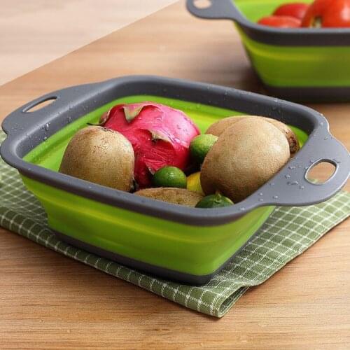 2pcs/set Foldable Silicone Colander Fruit Vegetable Washing Basket Strainer Square Shape Collapsible Drainer Kitchen Tools