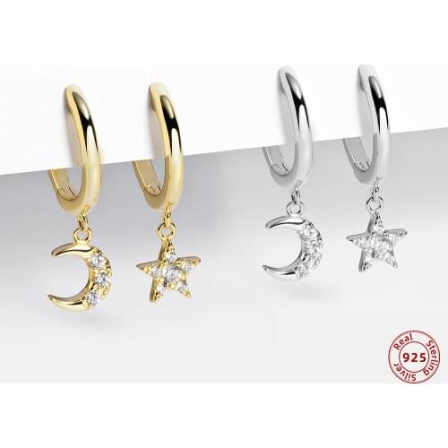 Asymmetry Luxury 925 Sterling Silver Star Moon Drop Earrings For Women Geometric Clear Zircon Pandant Earring Party Jewelry