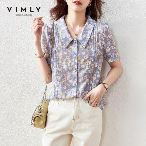 VIMLY Summer Blouse For Women Elegant Button up Shirt Short Sleeve Loose Shirts Office Lady Vintage Blusas Female Tops F7233