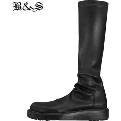 Black& Street 2020 Slim Fit elastic PU quality Knee High sock Boots women punk thick sole increasing rock Boots