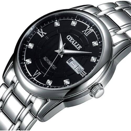 Men Watch Business Casual Classic Style Silver Stainless Steel Black Case Mechanical Wrsitwatch Automatic Watch for Men
