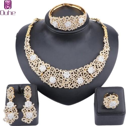 Dubai Elegant Women Gold Crystal Jewelry Rhinestone Necklace African Style Bangle Earrings Rings Wedding Party Jewelry Sets