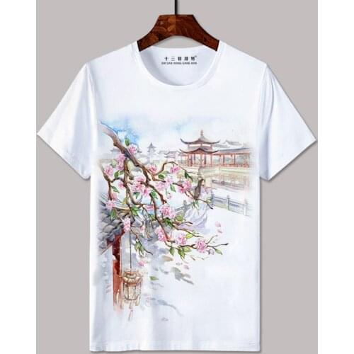 Chinese-Style Culture Landscape Painting Ink T-shirt Short-Sleeved Men Women Landscape Painting Loose round Neck Base Shirt