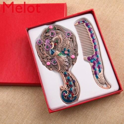 Stall Gift for Girlfriend God Festival Practical Portable Portable Handle Makeup Peacock Small Copper Mirror Comb Birthday