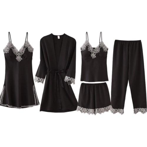 Autumn Spring 5 Pieces Set Silk Elegant Women Pajamas Set Shorts Sleeve Top Elastic Waist Pants Lounge Sleepwear Set With Chest