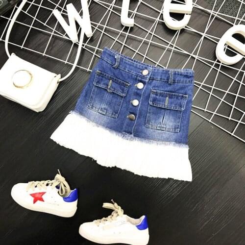 Korean Girls cowboy skirts 2019 spring summer kids packets jeans skirts baby girl stitching lace skirt children half skirt 2-7T