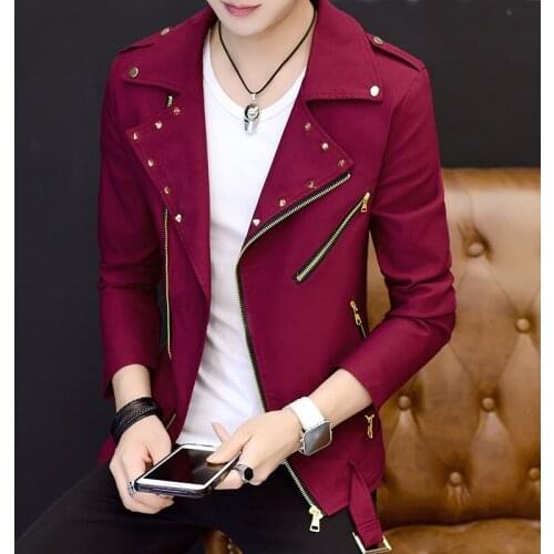 2021 Men 'S Personality Oblique Zipper Lapel Rivet Jacket Youth Autumn Handsome Casual Jacket