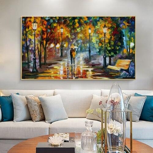 Couple Walk in Rain Autumn Forest Oil Painting on Canvas Posters and Prints Abstract Landscape Wall Art Picture for Living Room