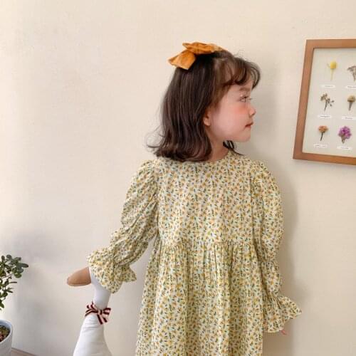 2021 New Spring Baby Girls Floral Cotton Dress Puff Sleeve Korean Style Kids Robe Toddlers Children Sweet Dresses