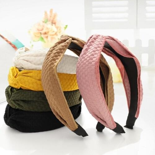 New Women Solid Waffle Plaid Cross Headbands Wide Knotted Bow Hairband Quality Handmade Hair Hoop Headwrap Bezel Comfy for Daily