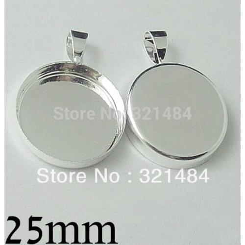 Bulk silver plated 100pc round bezel pendant tray for blank jewelry 25mm cameo base cabochon setting