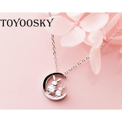 925 Sterling Silver Sparkling Moon Rabbit Pendant Necklace Clear CZ Zirconia Animal Silver 925 Jewelry Girlfriend Gift