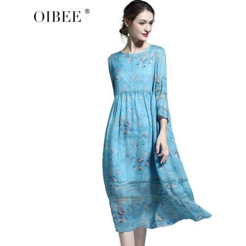 OIBEE European pyrene 2020 summer new five-point sleeve ramie printed dress female loose mid-length slim skirt