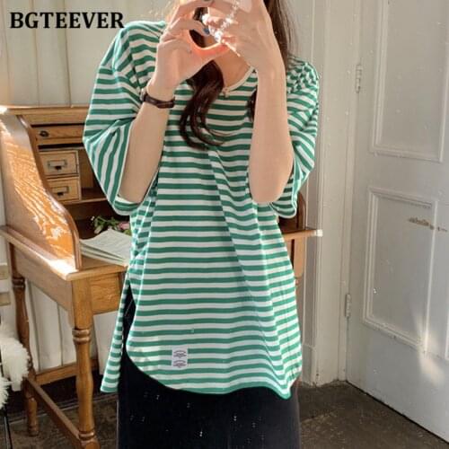 BGTEEVER Casual Loose Women O-neck Striped T-shirts 2021 Summer Short Sleeve Side Split Female Pullovers Tees Ladies Tops