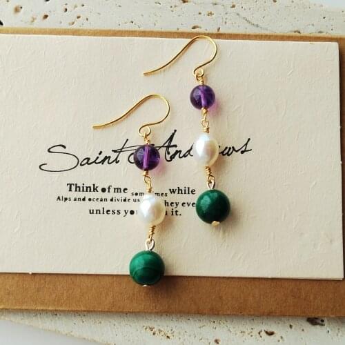 Lii Ji Real Gemstone 925 Sterling Silver Drop Earrings Malachite Amethyst Baroque Pearl Earring Women Jewelry Gift