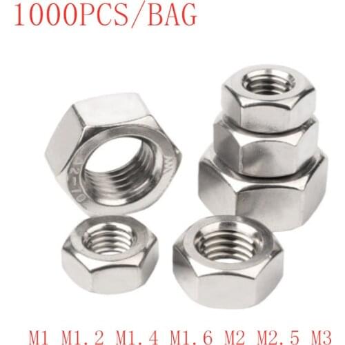 1000PCS A2 304 Stainless Steel Hex Hexagon Nut for M1 M1.2 M1.4 M1.6 M2 M2.5 M3 Screw Bolt