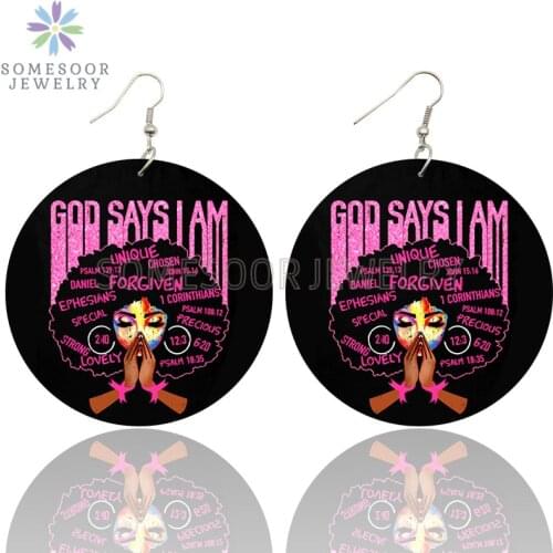 SOMESOOR God Say I Am Lovely Wooden Drop Earrings Afro Melanin Girl Strong African Queen Loops Dangle Jewelry For Women Gifts