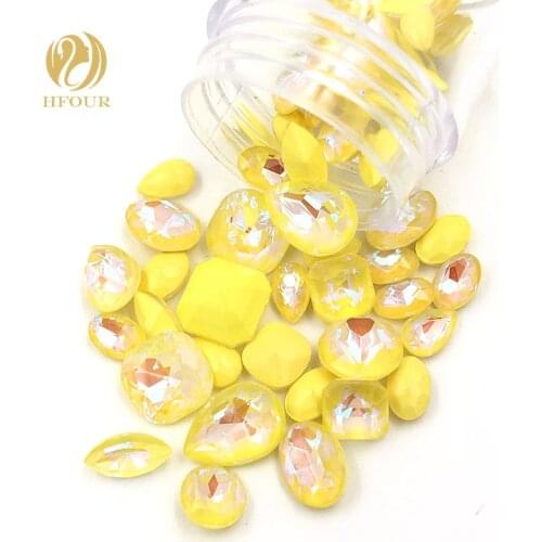 High quality A+ Yellow mocha fluor pointback nail art glass crystal glue on rhinestones for nails Mixed shape Mixed size
