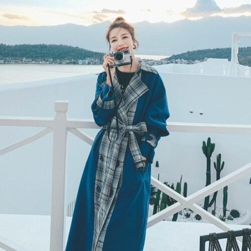 Womens Blue Stitching Long Windbreaker 2021 Spring Autumn New Korean Loose Contrast Color Fashion High-quality Lining Coat 59