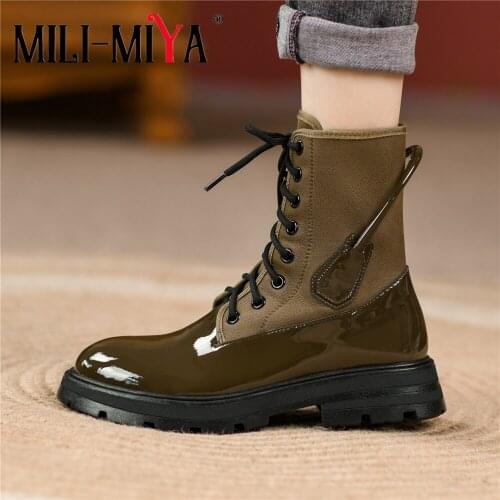 MILI-MIYA Patent Leather Flock Patchwork Ankle Boots Women Thick Soled British Style Lace Up Round Toe Cross Tied Casual Shoes