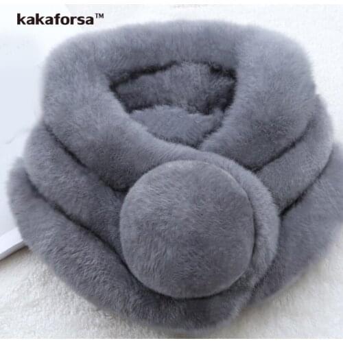 Kakaforsa Rabbit Fur Scarf For Women Winter Brand Luxury Knitted Female Fur Scarf Rex Collar Warm Neck Color Pompoms